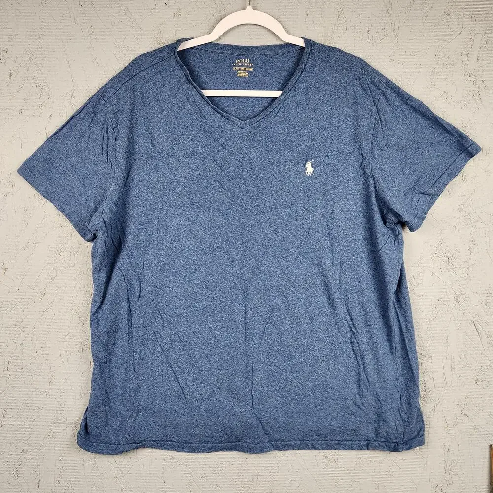 Polo Ralph Lauren Shirt Mens Extra Large Blue V Neck Small Pony Logo Cotton Tee